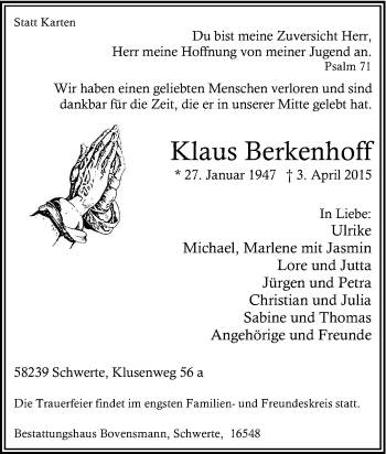 Traueranzeige von Klaus Berkenhoff von Tageszeitung