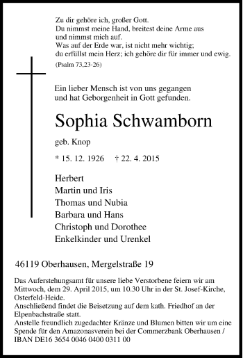 Traueranzeige von Sophia Schwamborn von Tageszeitung