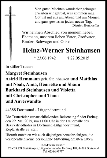 Traueranzeige von Heinz-Werner Steinhausen von Tageszeitung