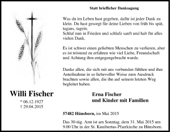 Traueranzeige von Willi Fischer von Tageszeitung