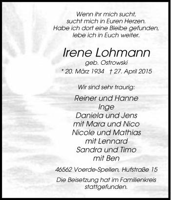 Traueranzeige von Irene Lohmann von Tageszeitung
