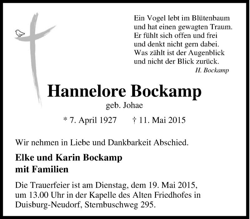  Traueranzeige für Hannelore Bockamp vom 16.05.2015 aus Tageszeitung