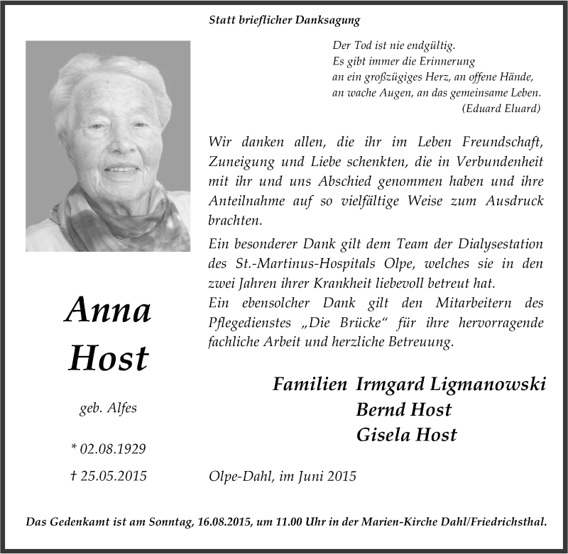 Traueranzeigen von Anna Horst | Trauer-in-NRW.de