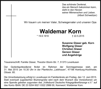 Traueranzeige von Waldemar Korn von Tageszeitung