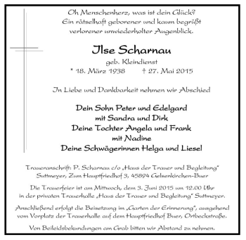 Traueranzeige von Ilse Scharnau von Tageszeitung
