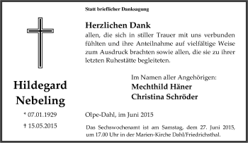 Traueranzeige von Hildegard Nebeling von Tageszeitung