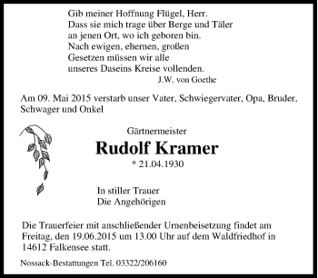Traueranzeige von Rudolf Kramer von Tageszeitung