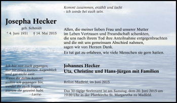 Traueranzeige von Josepha Hecker von Tageszeitung