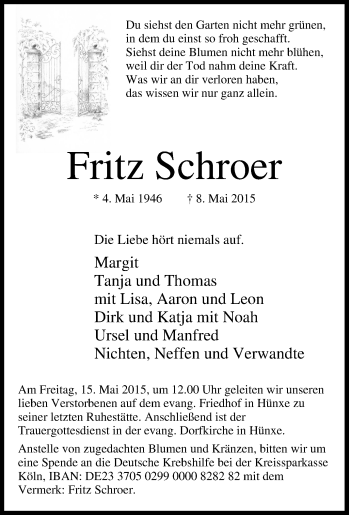 Traueranzeige von Fritz Schroer von Tageszeitung