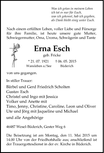 Traueranzeige von Erna  Esch von Tageszeitung
