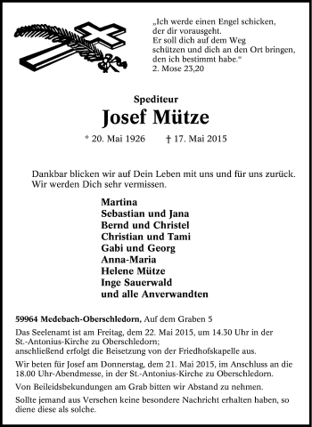 Traueranzeige von Josef Mütze von Tageszeitung