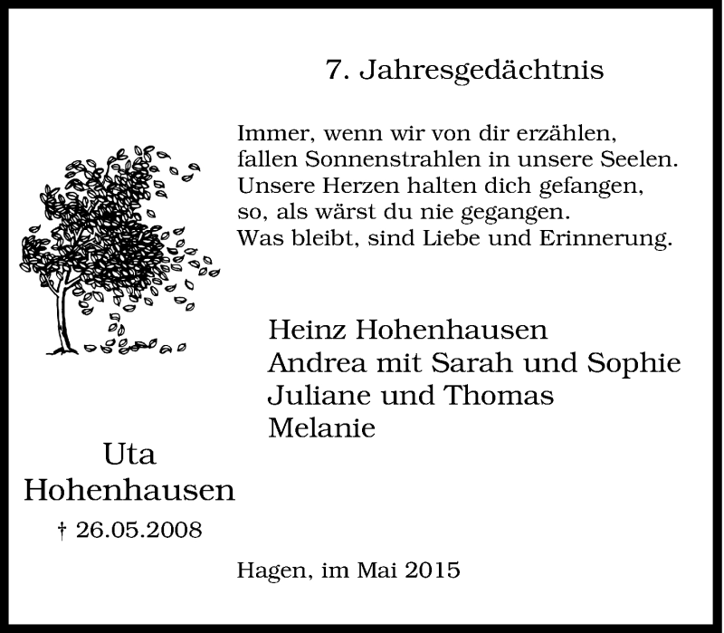  Traueranzeige für Uta Hohenhausen vom 26.05.2015 aus Tageszeitung