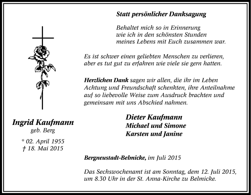  Traueranzeige für Ingrid Kaufmann vom 20.05.2015 aus Tageszeitung