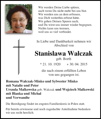 Traueranzeige von Stanislawa Walczak von Tageszeitung