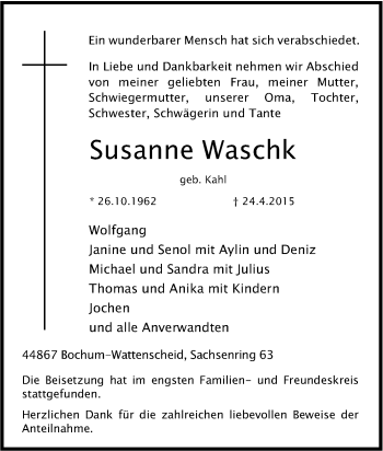 Traueranzeige von Susanne Waschk von Tageszeitung