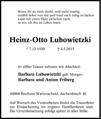 Traueranzeige von Heinz-Otto Lubowietzki von Tageszeitung