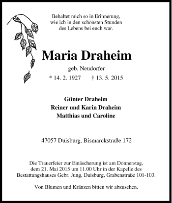 Traueranzeige von Maria Draheim von Tageszeitung