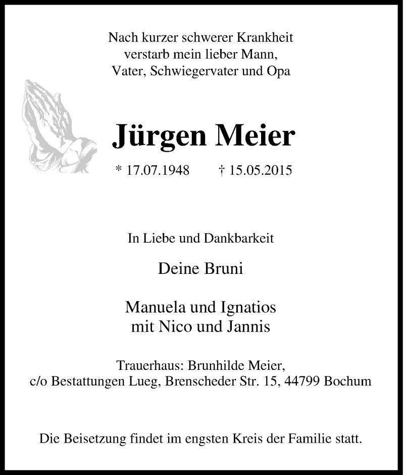  Traueranzeige für Jürgen Meier vom 23.05.2015 aus Tageszeitung