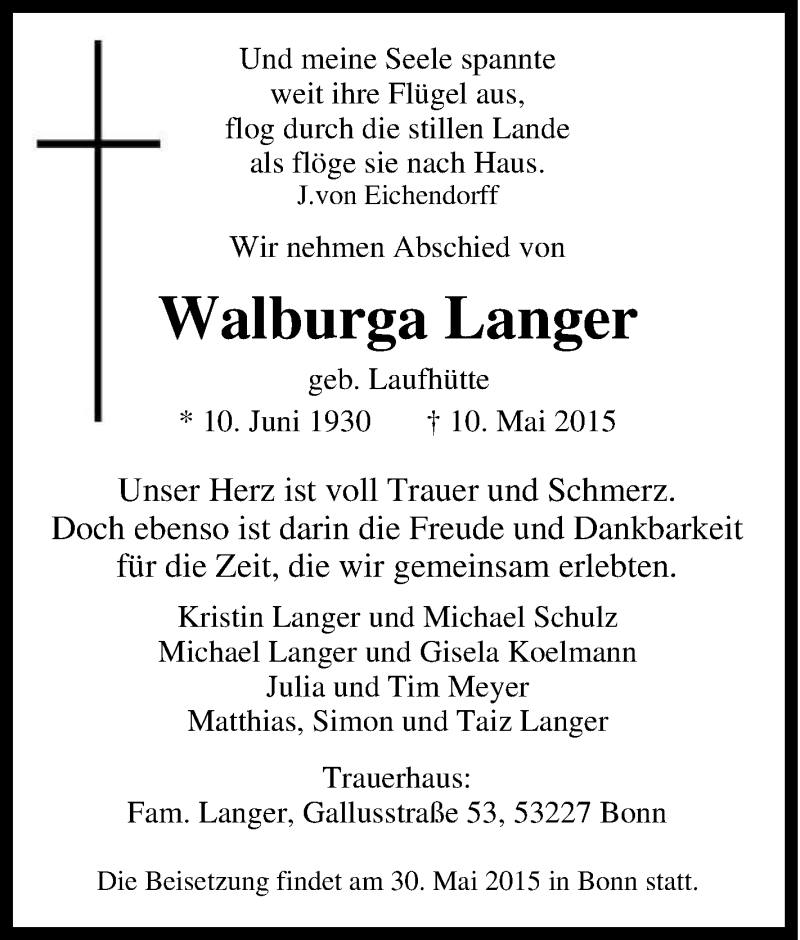  Traueranzeige für Walburga Langer vom 30.05.2015 aus Tageszeitung