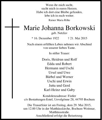 Traueranzeige von Marie Johanna Borkowski von Tageszeitung