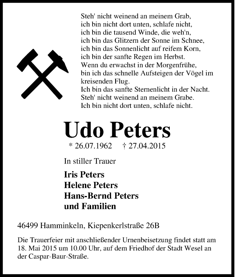  Traueranzeige für Udo Peters vom 11.05.2015 aus Tageszeitung