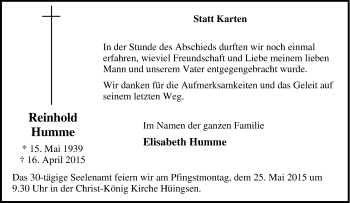 Traueranzeige von Reinhold Humme von Tageszeitung