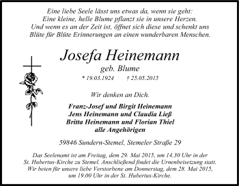 Traueranzeige von Josefa Heinemann von Tageszeitung