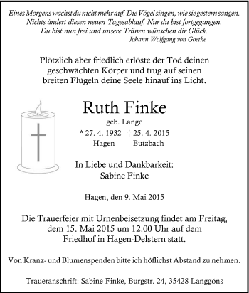 Traueranzeige von Ruth Finke von Tageszeitung