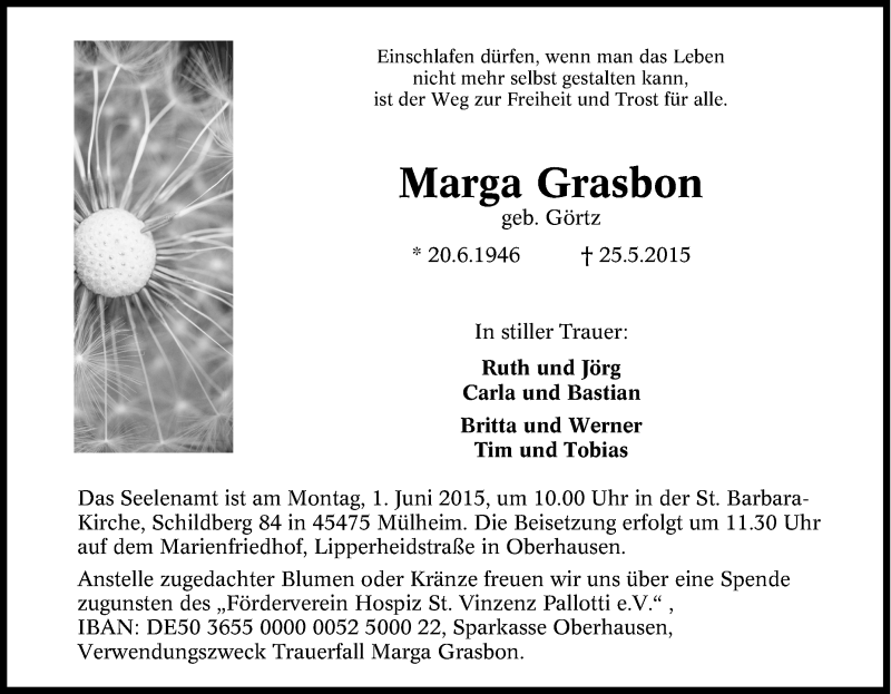  Traueranzeige für Marga Grasbon vom 28.05.2015 aus Tageszeitung