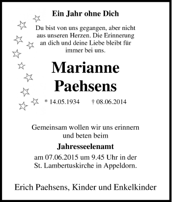 Traueranzeige von Marianne Paehsens von Tageszeitung