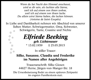 Traueranzeige von Elfriede Beeking von Tageszeitung