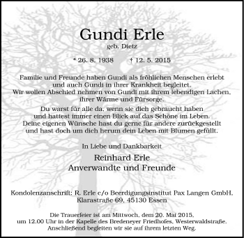 Traueranzeige von Gundi Erle von Tageszeitung
