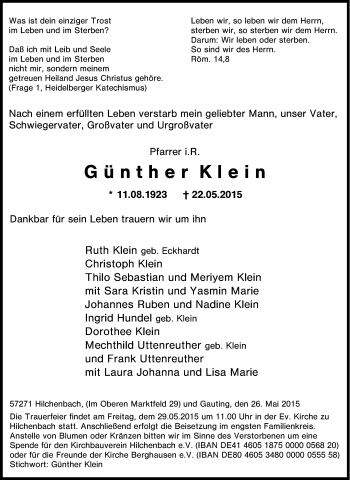 Traueranzeige von Günther Klein von Tageszeitung