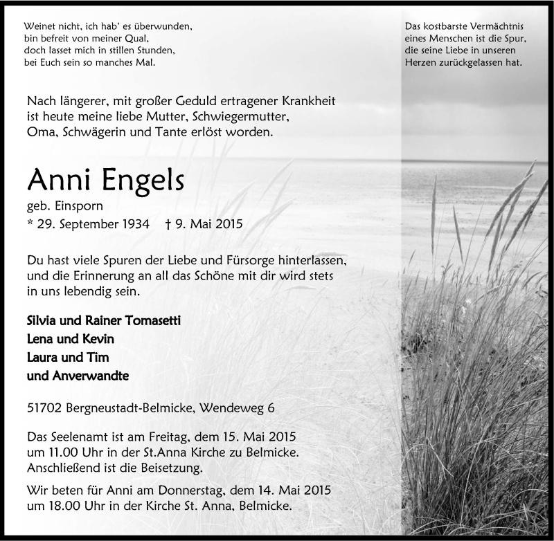  Traueranzeige für Anni Engels vom 12.05.2015 aus Tageszeitung