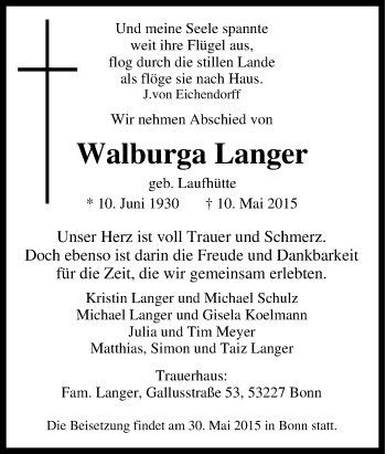 Traueranzeige von Walburga Langer von Tageszeitung