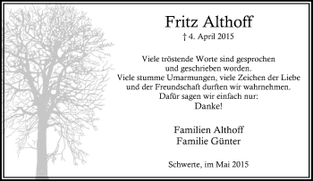Traueranzeige von Fritz Althoff von Tageszeitung