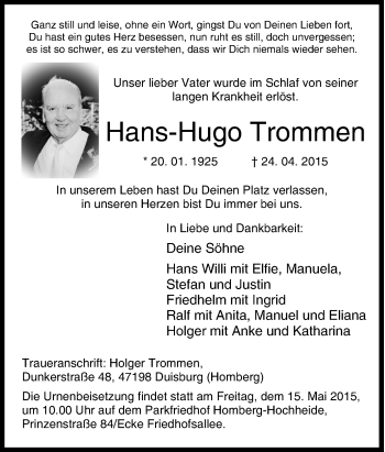 Traueranzeige von Hans-Hugo Trommen von Tageszeitung