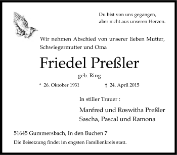 Traueranzeige von Friedel Preßler von Tageszeitung