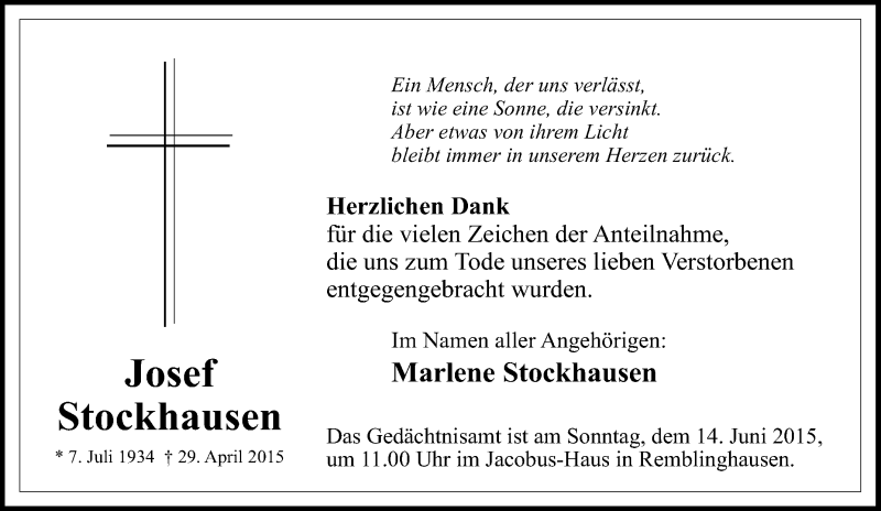  Traueranzeige für Josef Stockhausen vom 02.05.2015 aus Tageszeitung