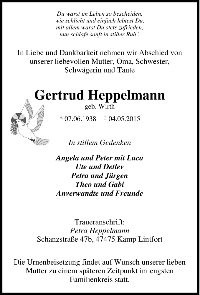  Traueranzeige für Gertrud Heppelmann vom 12.05.2015 aus Tageszeitung