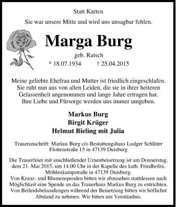 Traueranzeige von Marga Burg von Tageszeitung