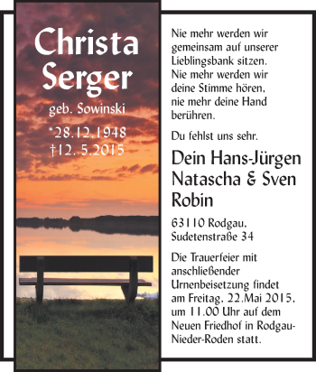 Traueranzeige von Christa Serger von Tageszeitung