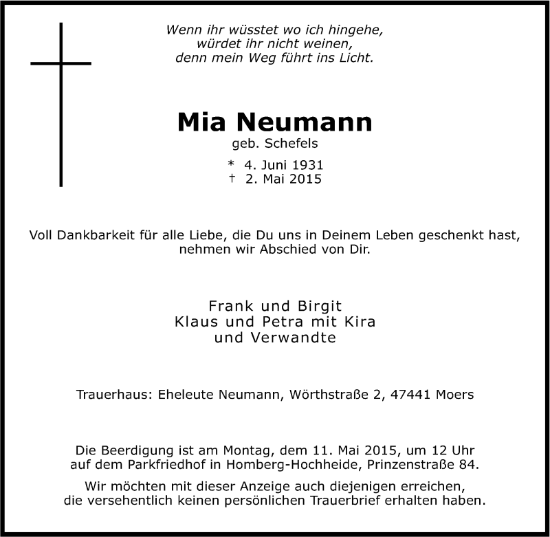  Traueranzeige für Mia Neumann vom 07.05.2015 aus Tageszeitung