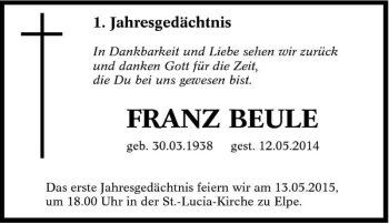 Traueranzeige von Franz Beule von Tageszeitung