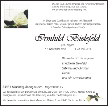 Traueranzeige von Irmhild Bielefeld von Tageszeitung