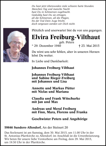 Traueranzeige von Elvira Freiburg-Vilthaut von Tageszeitung