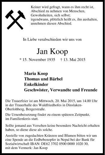 Traueranzeige von Jan Koop von Tageszeitung
