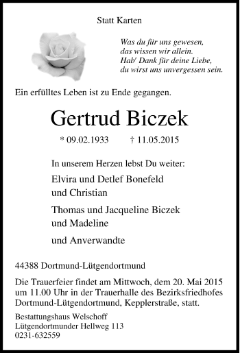 Traueranzeige von Gertrud Biczek von Tageszeitung