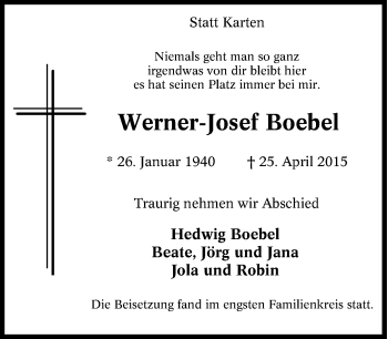Traueranzeige von Werner-Josef Boebel von Tageszeitung