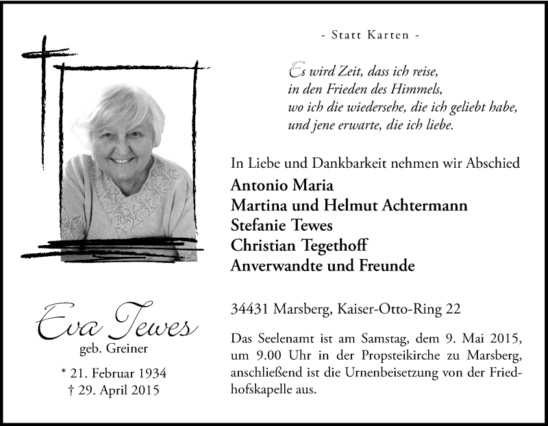  Traueranzeige für Eva Tewes vom 04.05.2015 aus Tageszeitung